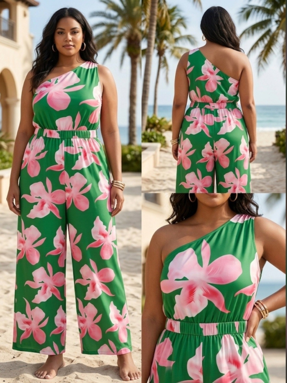 NWOT SHEIN Curve 3XL One-Shoulder Wide Leg Romper  Green with Pink Floral Print